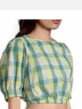 a.n.a Green and Yellow Checked Puff-Sleeve Crop Top